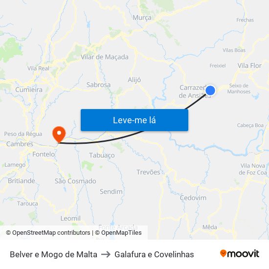 Belver e Mogo de Malta to Galafura e Covelinhas map