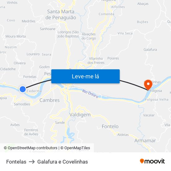 Fontelas to Galafura e Covelinhas map