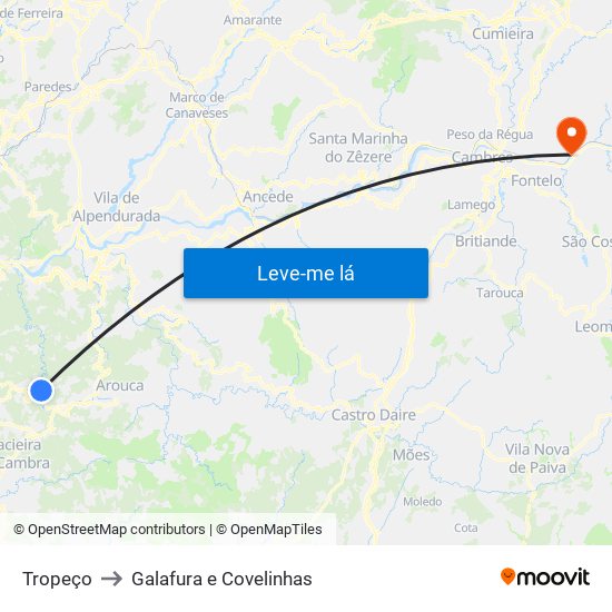 Tropeço to Galafura e Covelinhas map