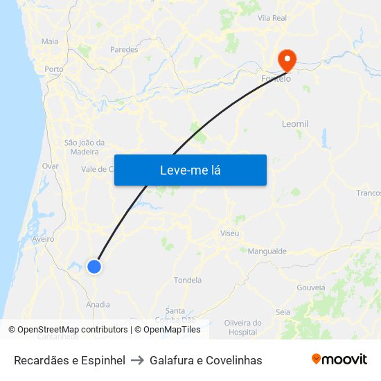 Recardães e Espinhel to Galafura e Covelinhas map