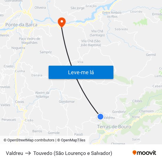 Valdreu to Touvedo (São Lourenço e Salvador) map