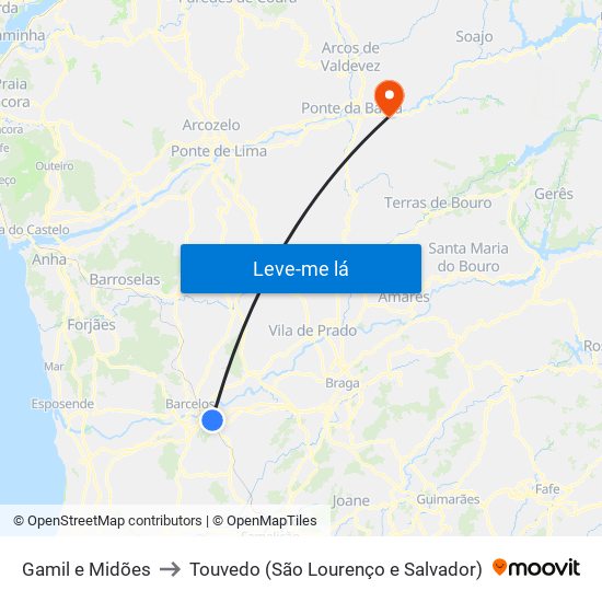 Gamil e Midões to Touvedo (São Lourenço e Salvador) map