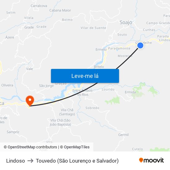 Lindoso to Touvedo (São Lourenço e Salvador) map