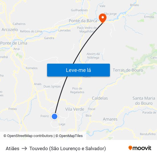Atiães to Touvedo (São Lourenço e Salvador) map