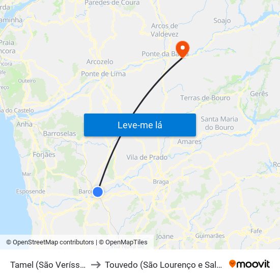 Tamel (São Veríssimo) to Touvedo (São Lourenço e Salvador) map