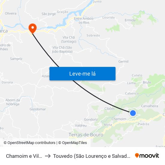 Chamoim e Vilar to Touvedo (São Lourenço e Salvador) map