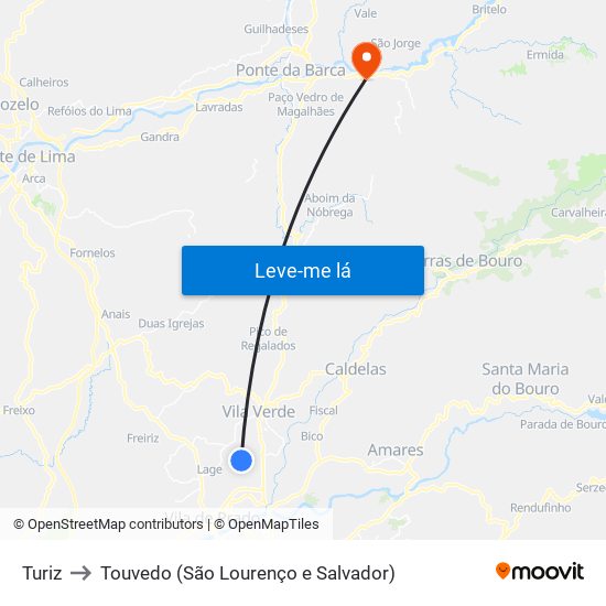 Turiz to Touvedo (São Lourenço e Salvador) map