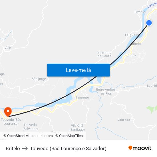 Britelo to Touvedo (São Lourenço e Salvador) map