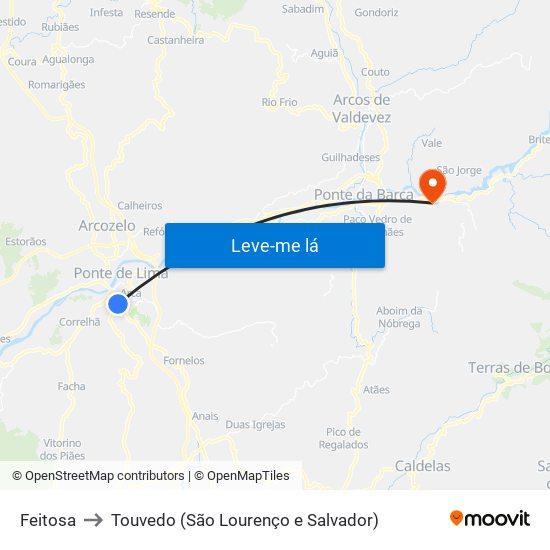 Feitosa to Touvedo (São Lourenço e Salvador) map