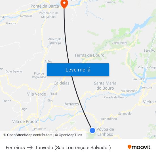 Ferreiros to Touvedo (São Lourenço e Salvador) map