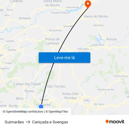 Guimarães to Caniçada e Soengas map