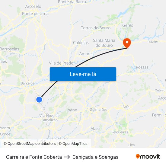 Carreira e Fonte Coberta to Caniçada e Soengas map