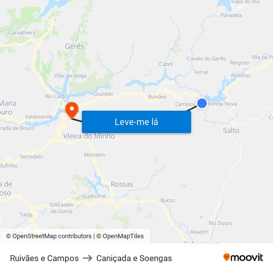 Ruivães e Campos to Caniçada e Soengas map