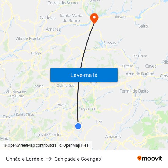 Unhão e Lordelo to Caniçada e Soengas map