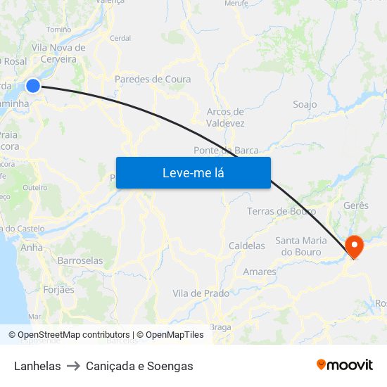 Lanhelas to Caniçada e Soengas map