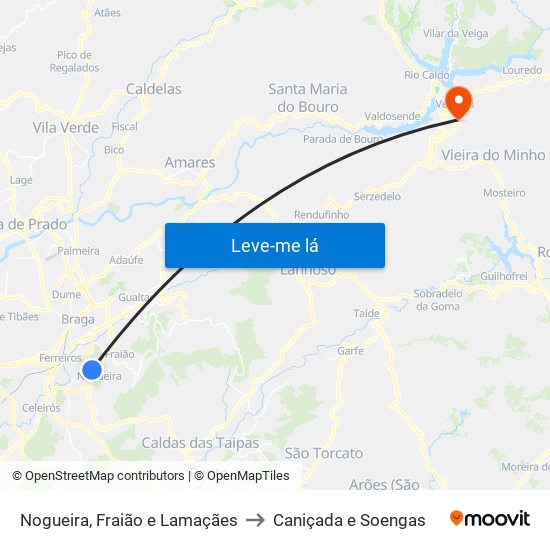 Nogueira, Fraião e Lamaçães to Caniçada e Soengas map