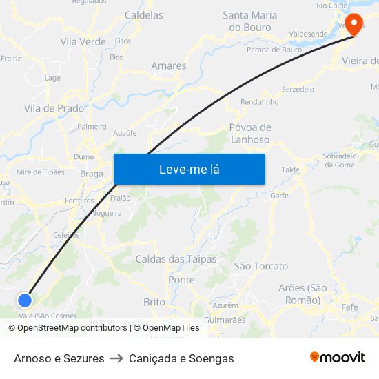 Arnoso e Sezures to Caniçada e Soengas map