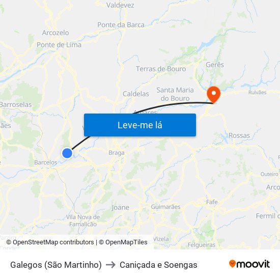 Galegos (São Martinho) to Caniçada e Soengas map