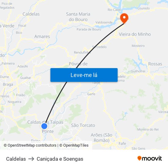 Caldelas to Caniçada e Soengas map