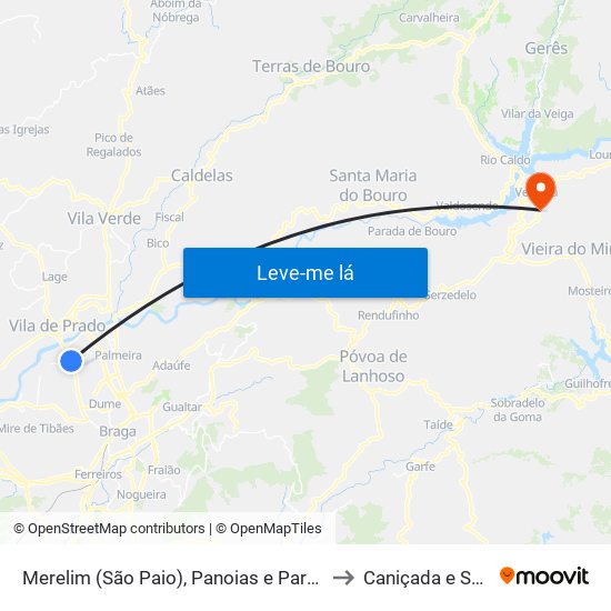 Merelim (São Paio), Panoias e Parada de Tibães to Caniçada e Soengas map