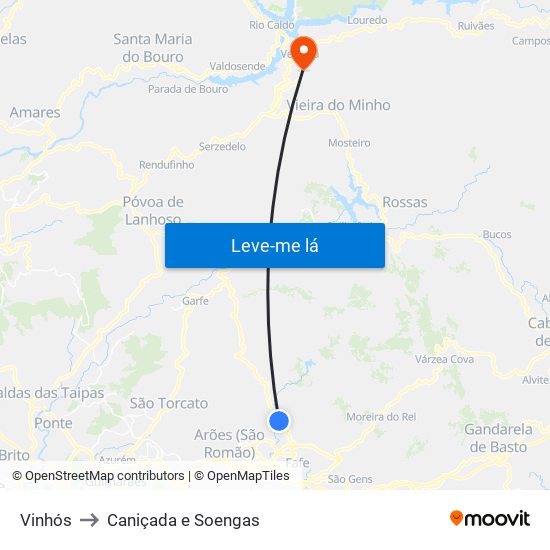 Vinhós to Caniçada e Soengas map