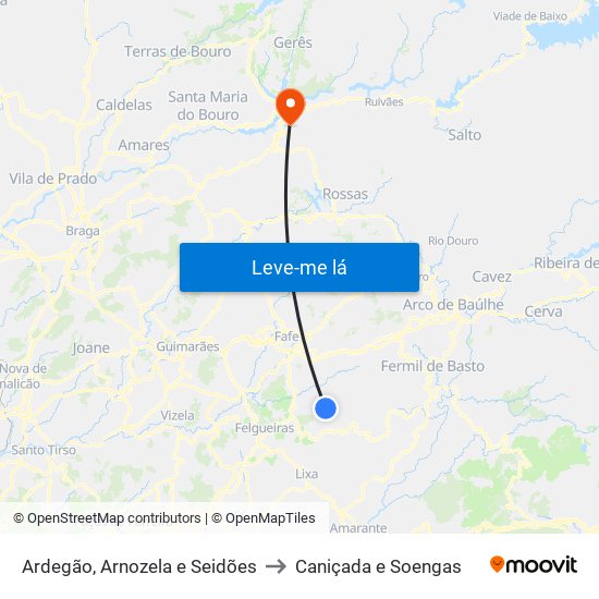 Ardegão, Arnozela e Seidões to Caniçada e Soengas map