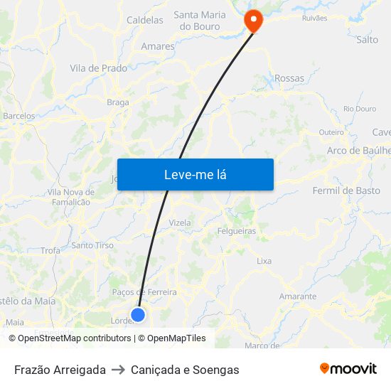 Frazão Arreigada to Caniçada e Soengas map