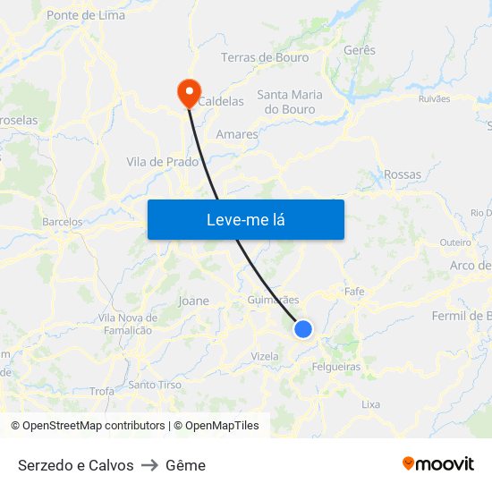 Serzedo e Calvos to Gême map