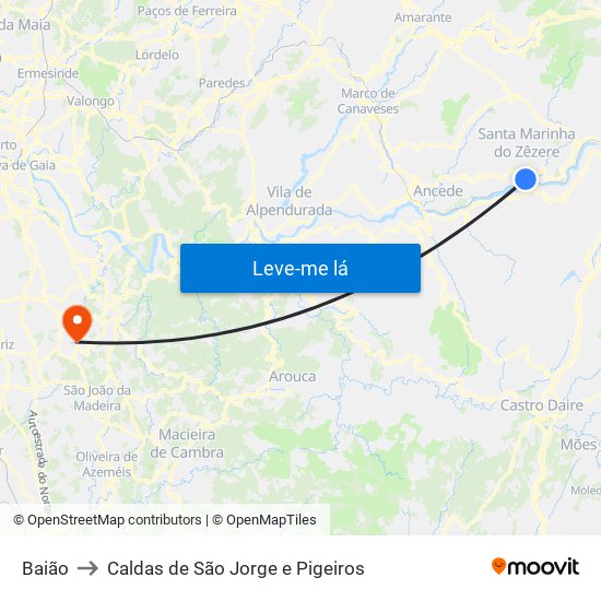 Baião to Caldas de São Jorge e Pigeiros map