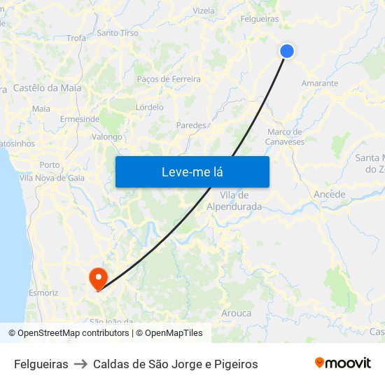 Felgueiras to Caldas de São Jorge e Pigeiros map