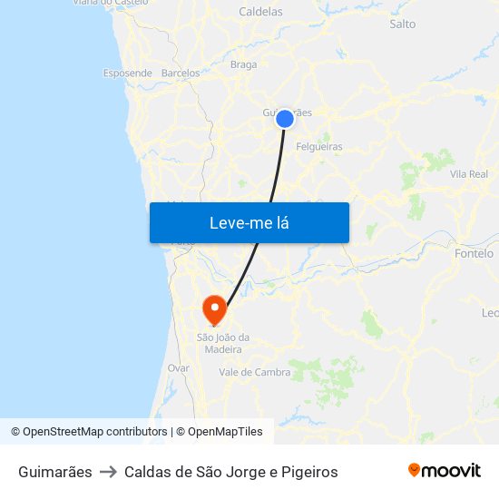 Guimarães to Caldas de São Jorge e Pigeiros map