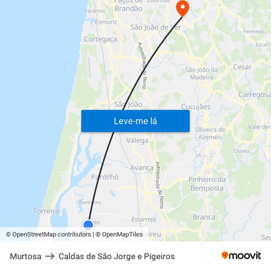 Murtosa to Caldas de São Jorge e Pigeiros map