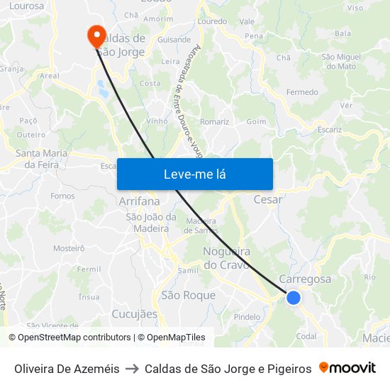 Oliveira De Azeméis to Caldas de São Jorge e Pigeiros map