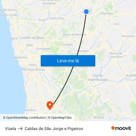 Vizela to Caldas de São Jorge e Pigeiros map