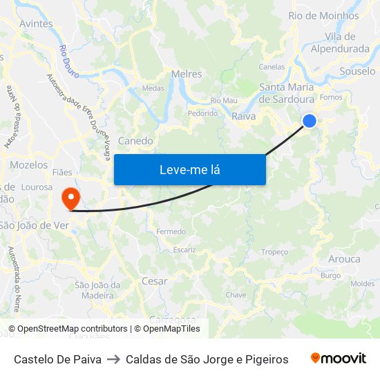 Castelo De Paiva to Caldas de São Jorge e Pigeiros map