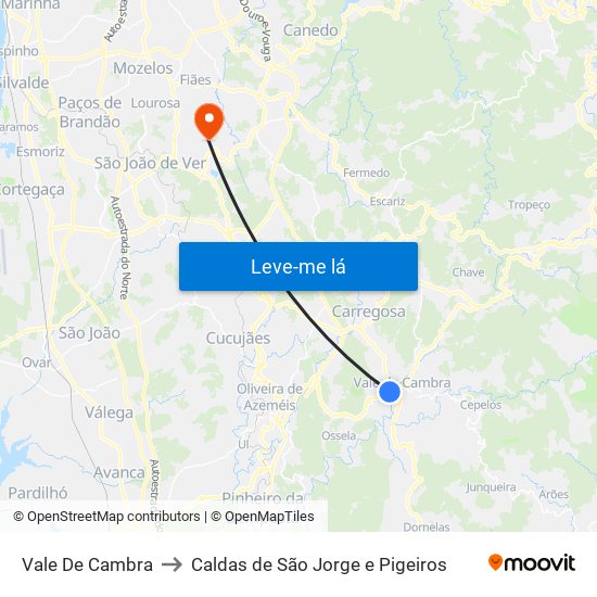 Vale De Cambra to Caldas de São Jorge e Pigeiros map