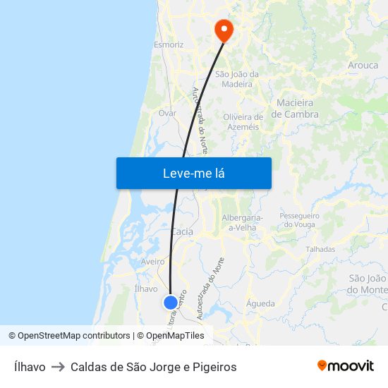 Ílhavo to Caldas de São Jorge e Pigeiros map