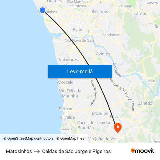 Matosinhos to Caldas de São Jorge e Pigeiros map