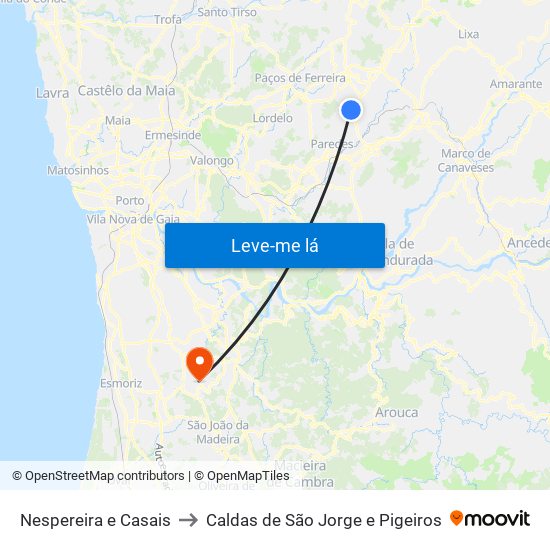 Nespereira e Casais to Caldas de São Jorge e Pigeiros map