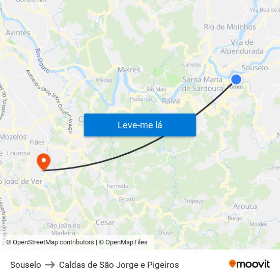 Souselo to Caldas de São Jorge e Pigeiros map