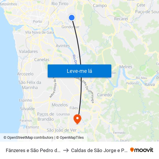 Fânzeres e São Pedro da Cova to Caldas de São Jorge e Pigeiros map