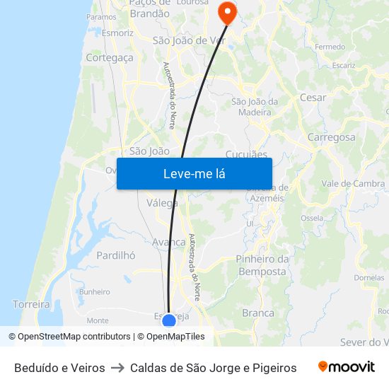 Beduído e Veiros to Caldas de São Jorge e Pigeiros map