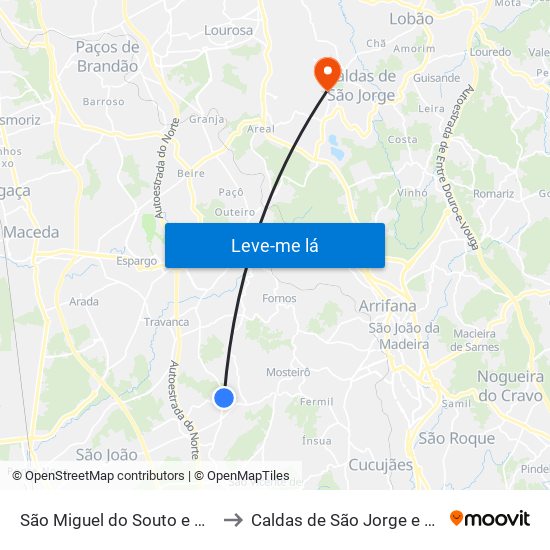 São Miguel do Souto e Mosteirô to Caldas de São Jorge e Pigeiros map