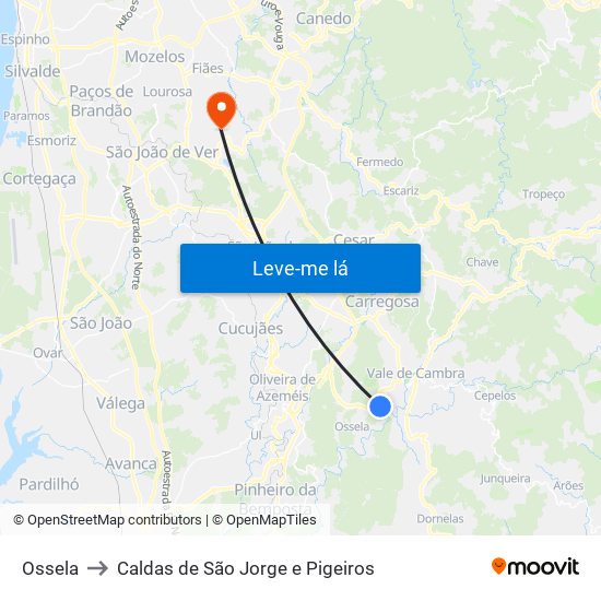 Ossela to Caldas de São Jorge e Pigeiros map