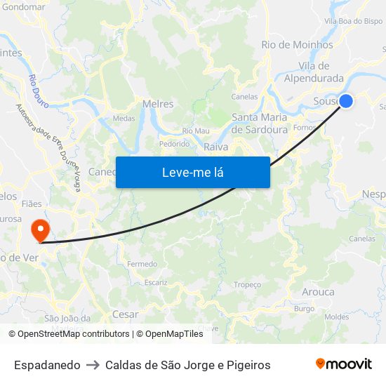 Espadanedo to Caldas de São Jorge e Pigeiros map