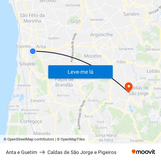 Anta e Guetim to Caldas de São Jorge e Pigeiros map