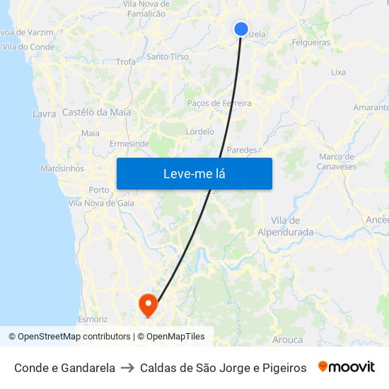 Conde e Gandarela to Caldas de São Jorge e Pigeiros map