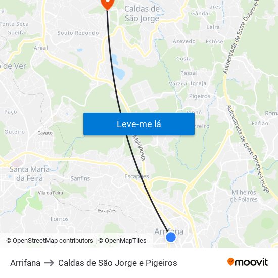 Arrifana to Caldas de São Jorge e Pigeiros map