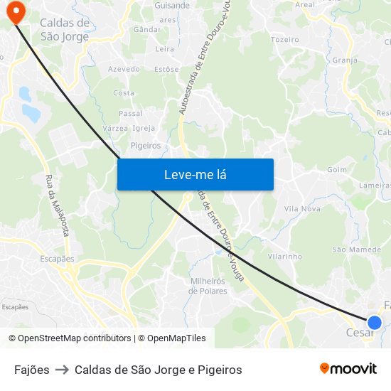 Fajões to Caldas de São Jorge e Pigeiros map