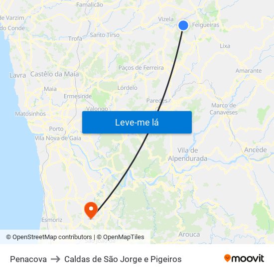 Penacova to Caldas de São Jorge e Pigeiros map